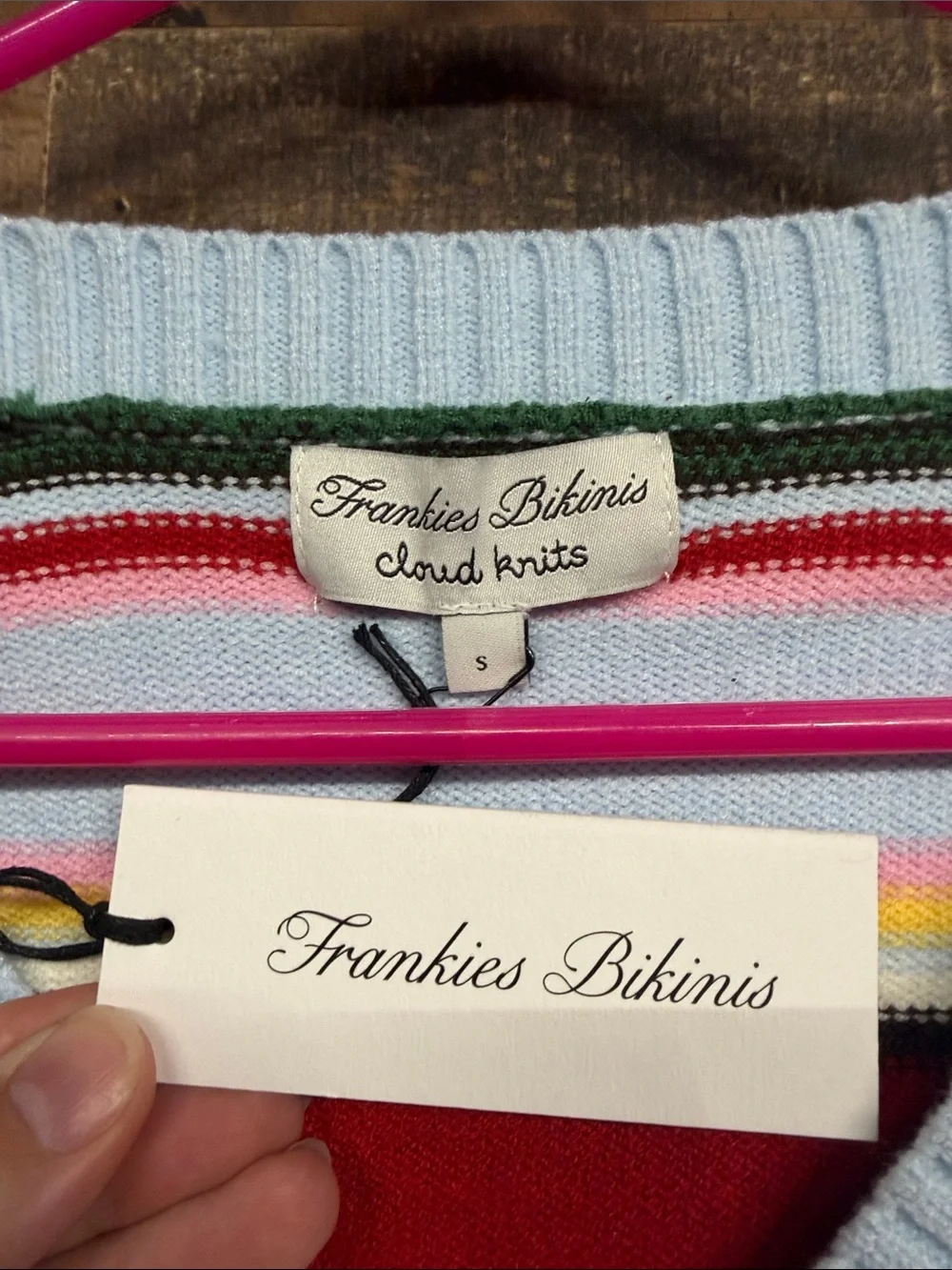 Frankie's Bikinis Striped V-Neck Sweater in Light Blue, Red & Green - Picture 2 of 5